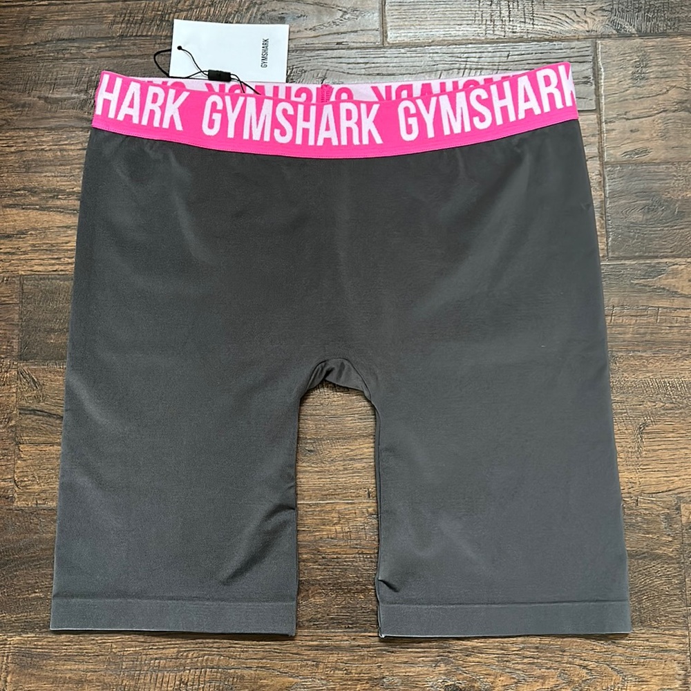 Gymshark FIT CYCLING shorts gray pink waist white letters SZ L BNWT HTF RETIRED